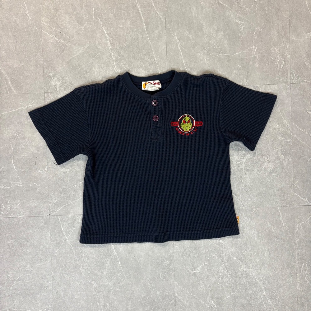 Vintage 1994 Dr Seuss All Star Grinch Henley Shirt Kids Small Navy Waffle Knit